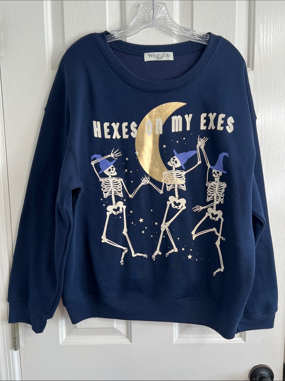Wound Up Halloween hexes on my exes Skeleton witch moon navy sweatshirt XL